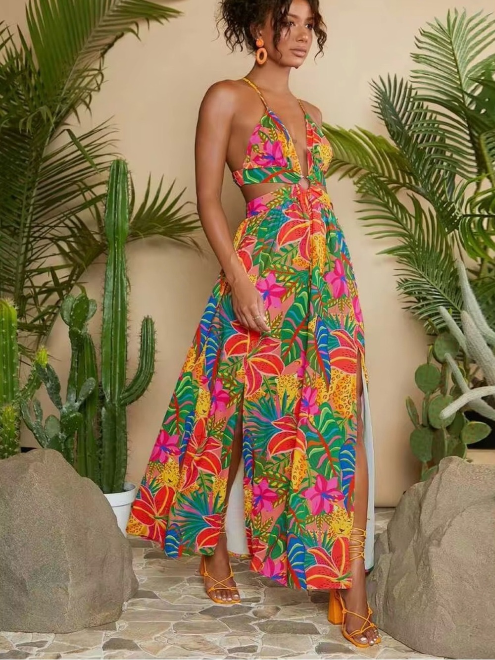 SHEIN Tropical Floral Cutout Maxi Jumpsuit in Multicolor